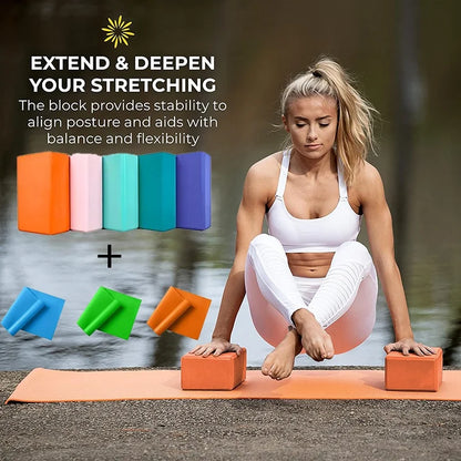 3pcs Set with Two Yoga Blocks+Resistance Bands, EVA Yoga Blocks, Stretching Resistance Bands Suitable for Beginner Yoga, Stretch